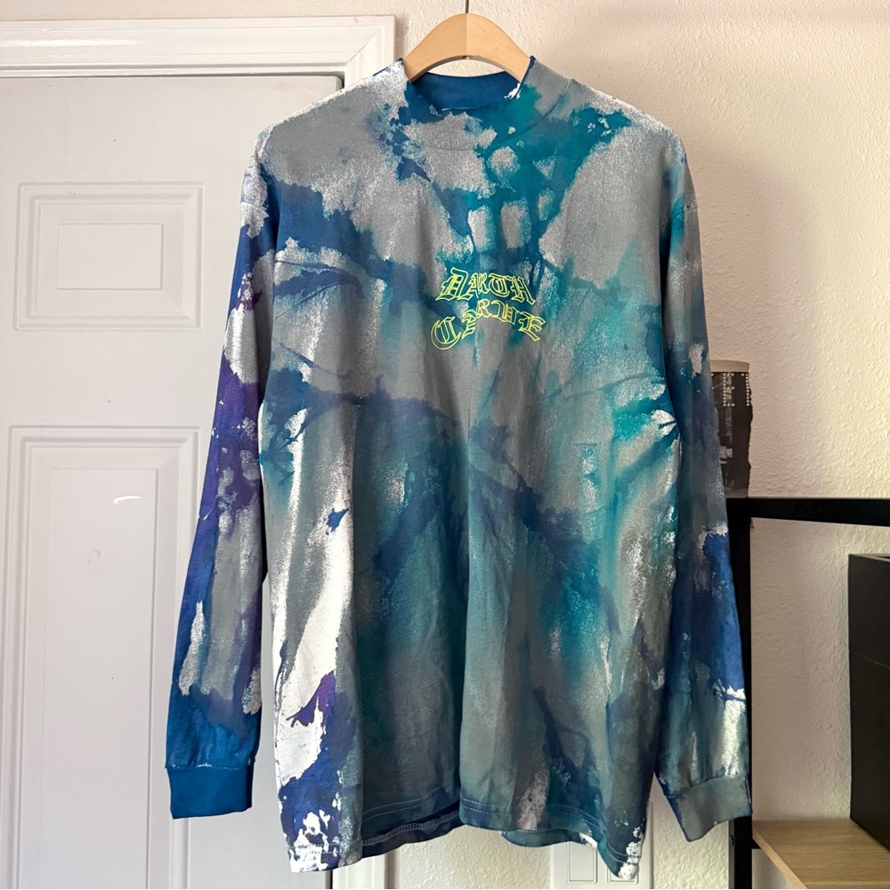 YOUTHYOUTH blue paint tie dye‎ metallic high mock neck long sleeve tee t-shirt